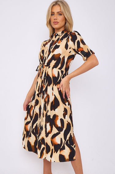 Love Sunshine Brown Leopard Print Short Sleeve Knot Waist Midi Dress auto-20 Brunch Dress Casual Dress Dresses Everyday Dress Garden Party Dress Going Out Dress Holiday Dress LS-2405 Short Sleeve Dress Summer Dress Tea Dress