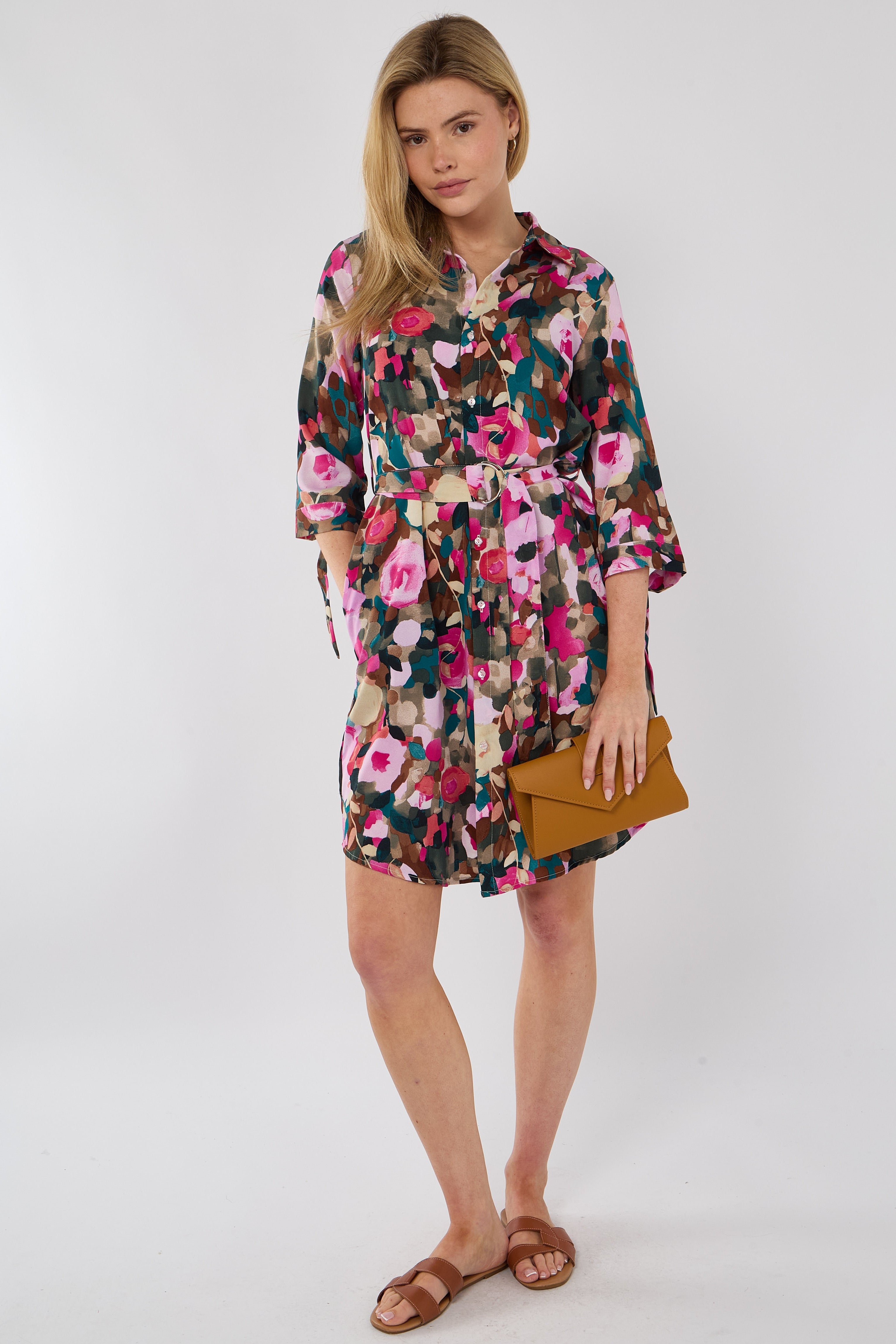 Emerald Rose Print Half Sleeve Mini Shirt Dress
