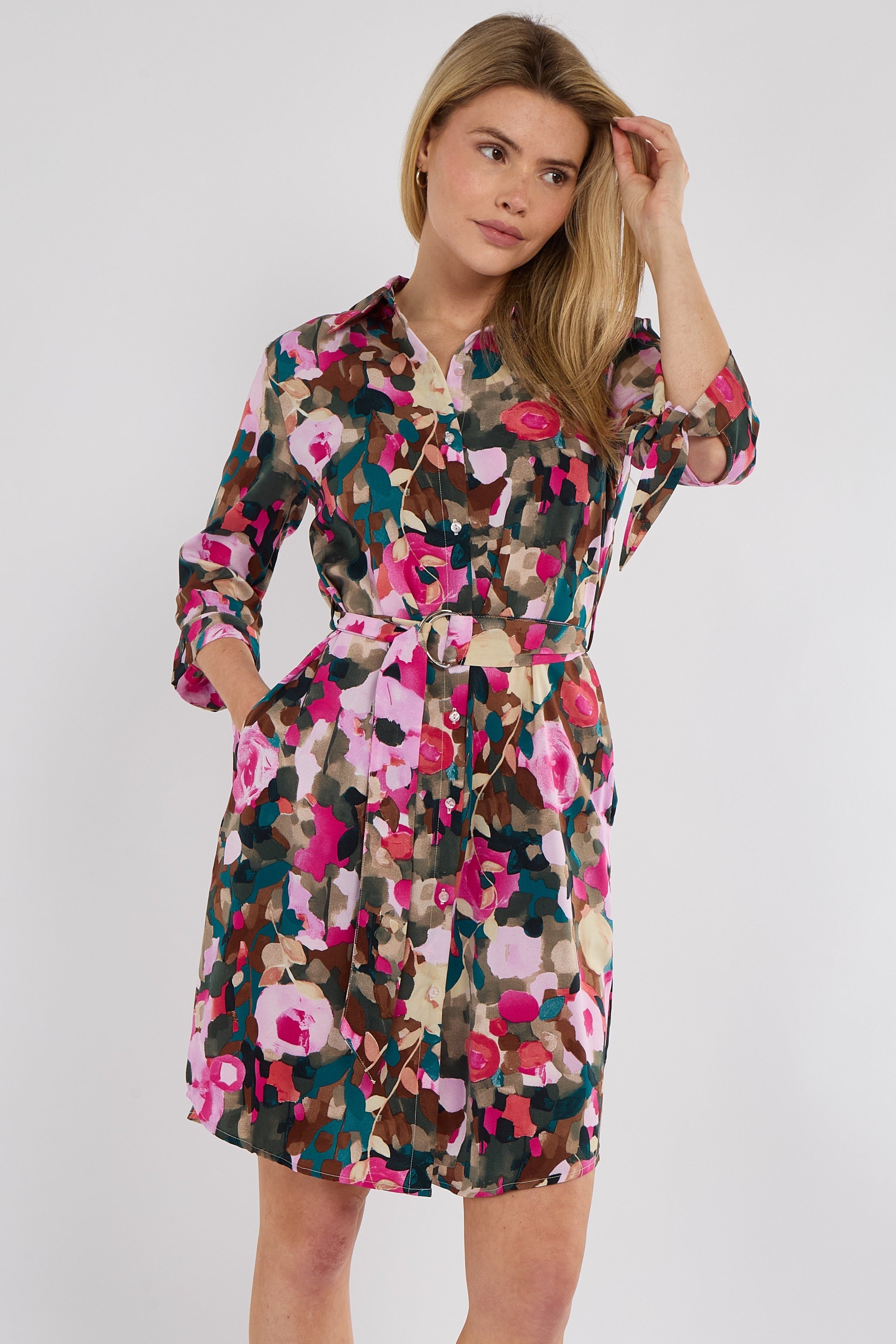 Emerald Rose Print Half Sleeve Mini Shirt Dress
