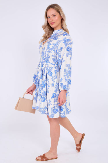 Blue Floral Print Flared Hem Mini Dress