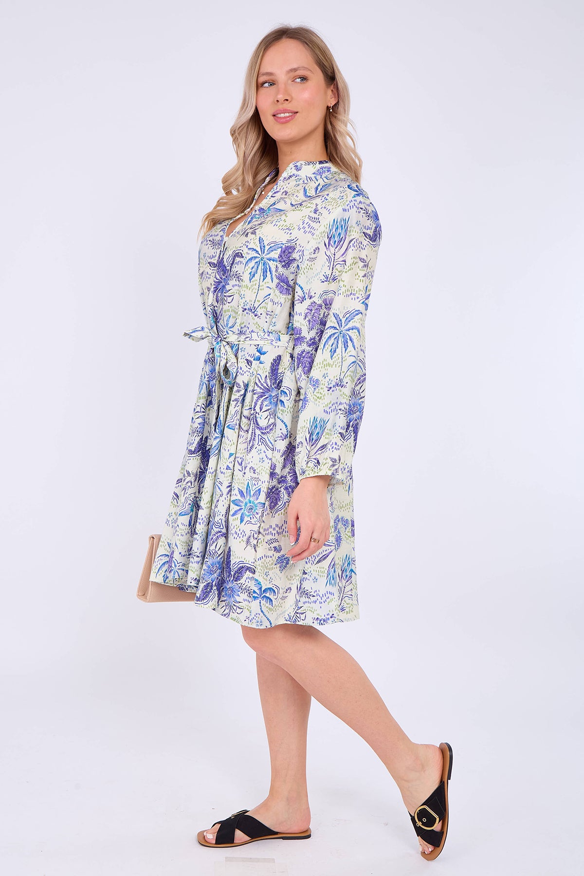 Blue Palm Trees Print Flared Mini Dress