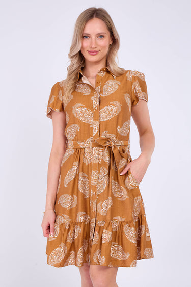 Caramel Paisley Print Short Sleeve Mini Dress