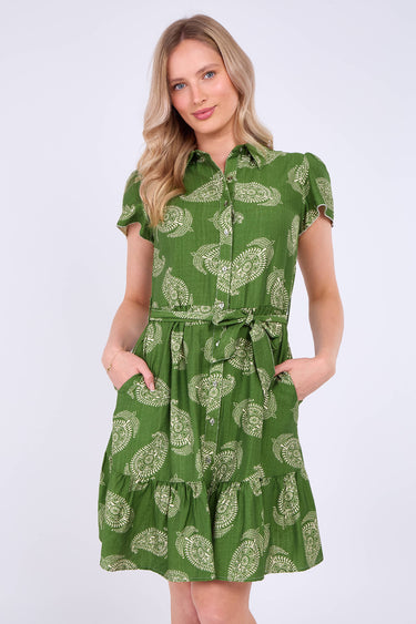 Green Paisley Print Short Sleeve Mini Dress