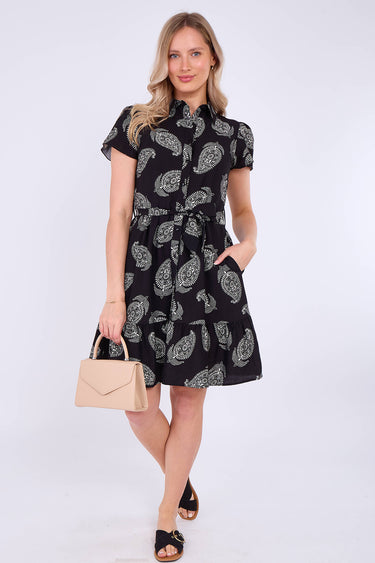 Black Paisley Print Short Sleeve Mini Dress