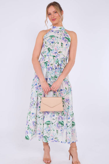 White Floral Print Halter Neck Maxi Dress