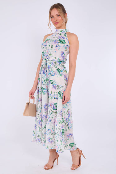 White Floral Print Halter Neck Maxi Dress