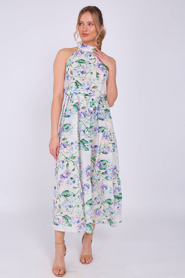 White Floral Print Halter Neck Maxi Dress