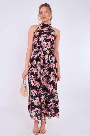 Black Floral Print Halter Neck Maxi Dress