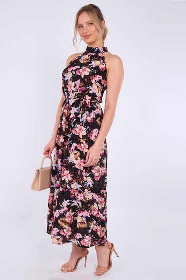 Black Floral Print Halter Neck Maxi Dress