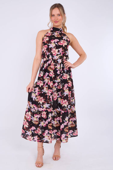 Black Floral Print Halter Neck Maxi Dress