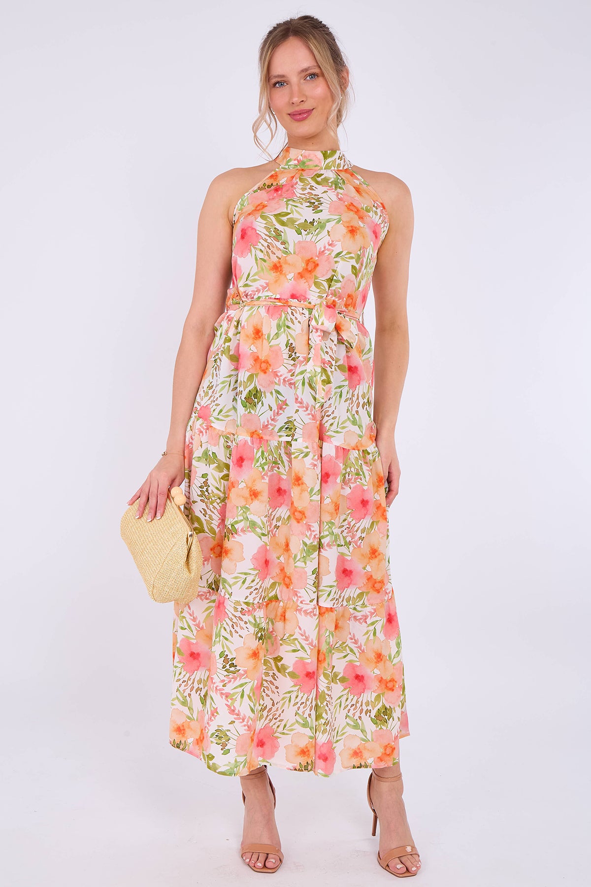 Orange Floral Print Halter Neck Maxi Dress
