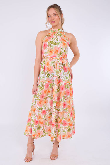 Orange Floral Print Halter Neck Maxi Dress