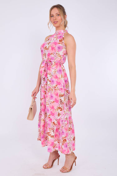 Pink Floral Print Halter Neck Maxi Dress
