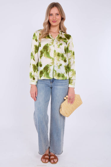 Green Watercolour Print Satin Blouse