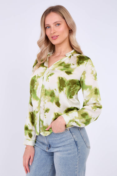 Green Watercolour Print Satin Blouse