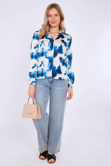 Blue Watercolour Print Satin Blouse
