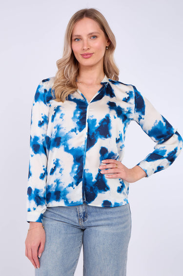 Blue Watercolour Print Satin Blouse