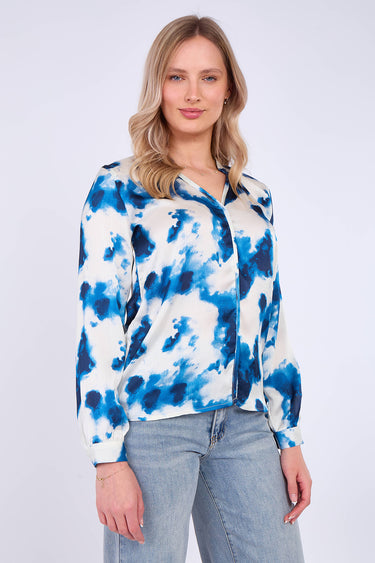 Blue Watercolour Print Satin Blouse
