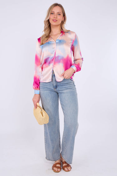 Pink Pastel Tie Dye Print Satin Blouse