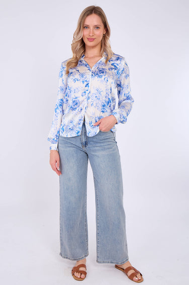 Blue Floral Print Satin Blouse