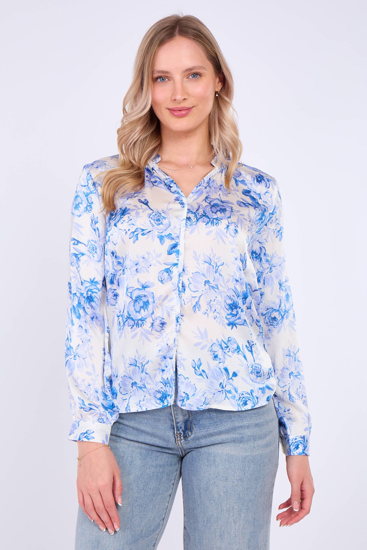 Blue Floral Print Satin Blouse