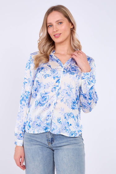 Blue Floral Print Satin Blouse