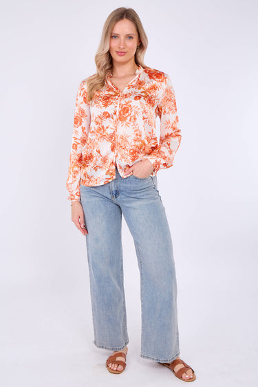 Orange Floral Print Satin Blouse