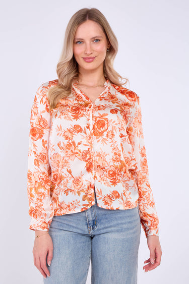 Orange Floral Print Satin Blouse