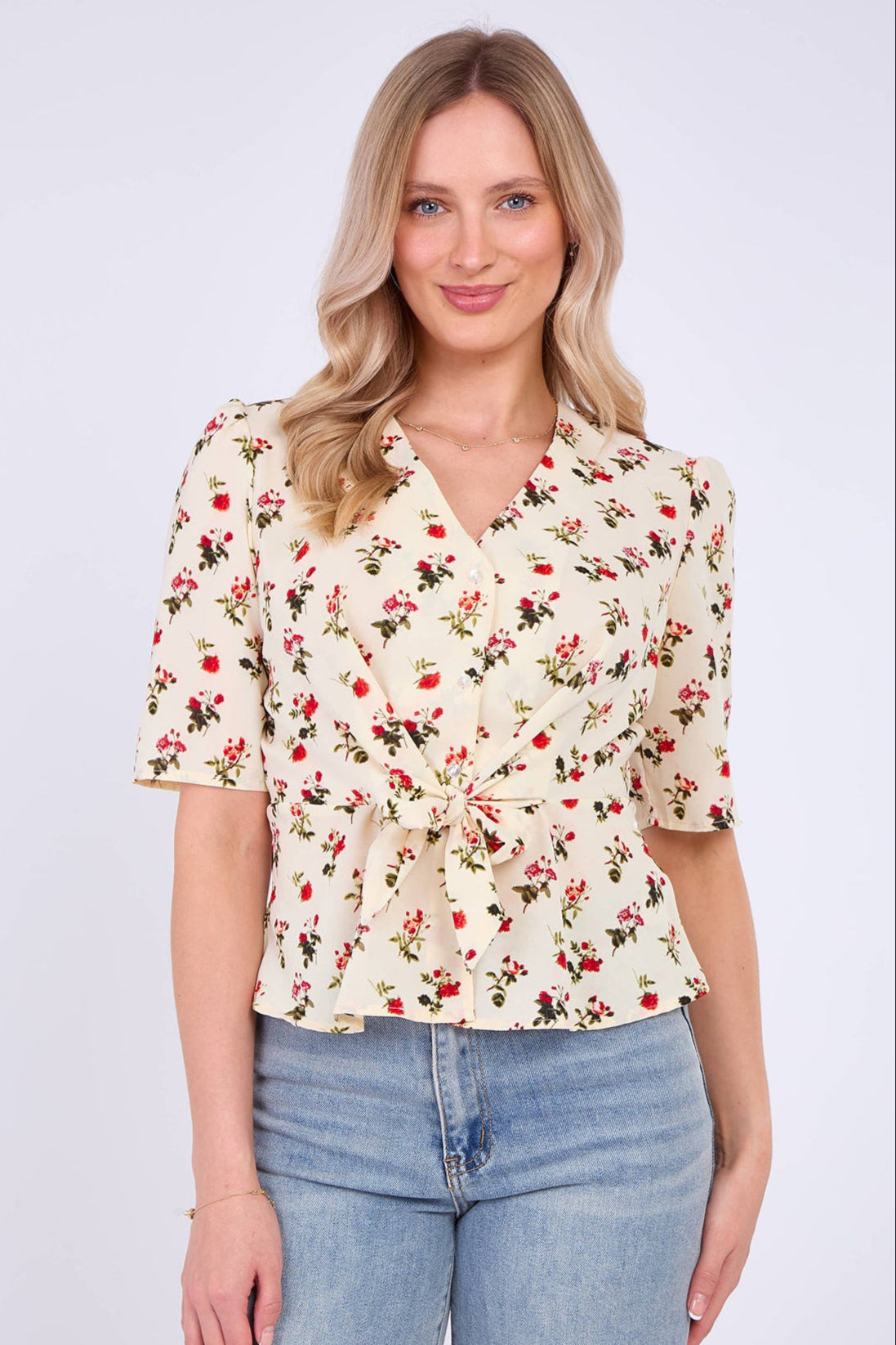 White Floral Print Short Sleeve Knotted Top