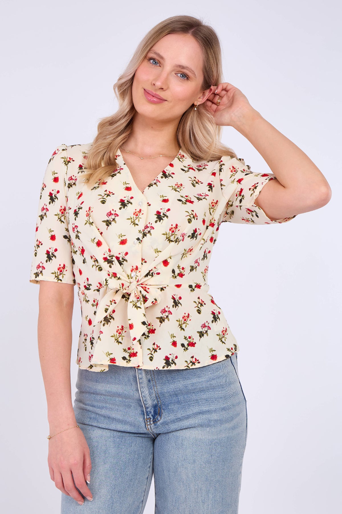 White Floral Print Short Sleeve Knotted Top