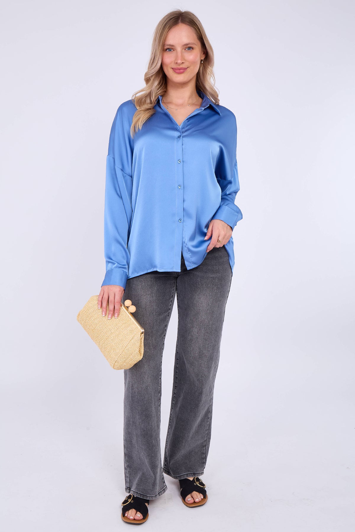 Blue Brushed Satin Oversized Shirt