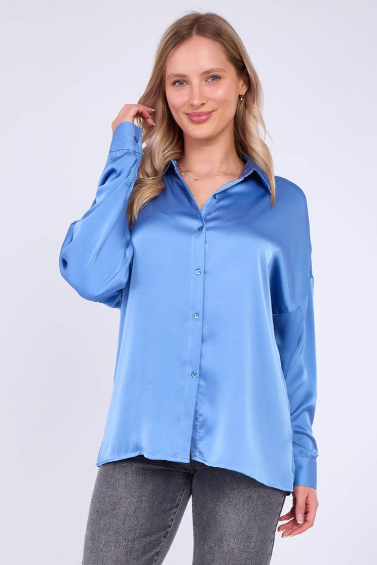 Blue Brushed Satin Oversized Shirt