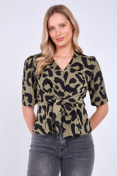 Khaki Leopard Print Short Sleeve Knotted Top