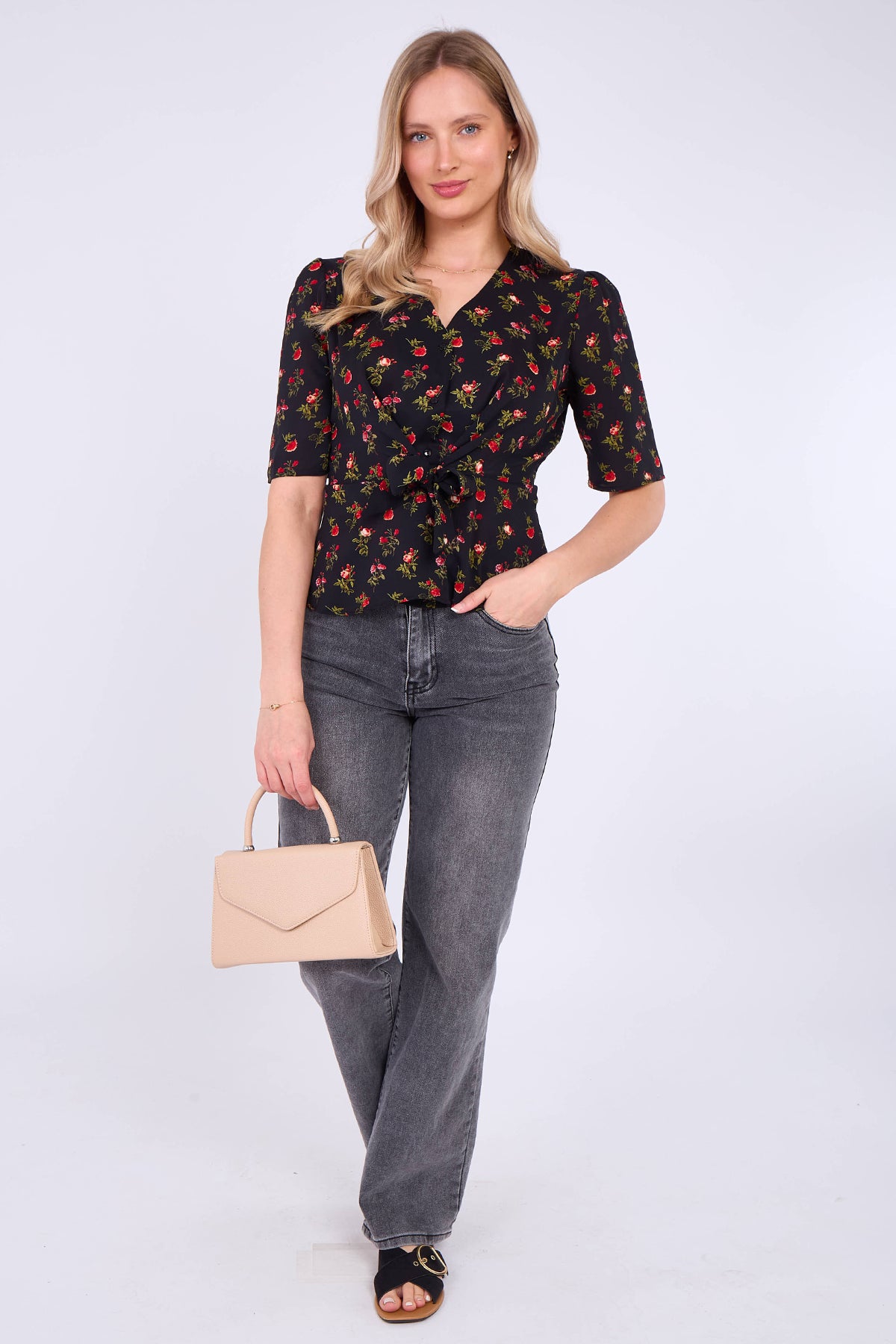 Black Floral Print Short Sleeve Knotted Top