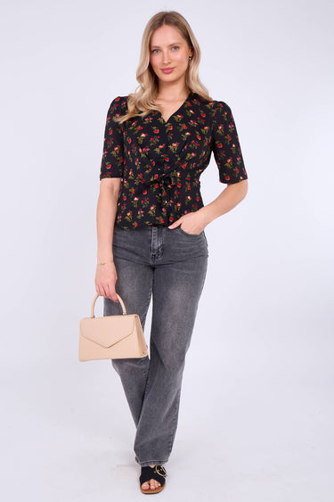 Black Floral Print Short Sleeve Knotted Top