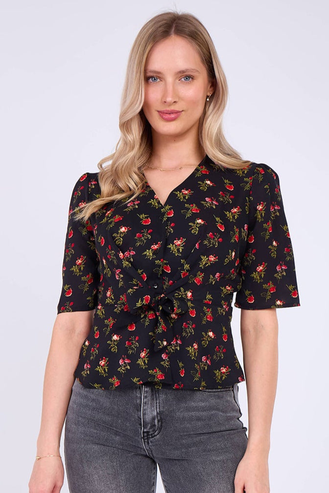 Black Floral Print Short Sleeve Knotted Top