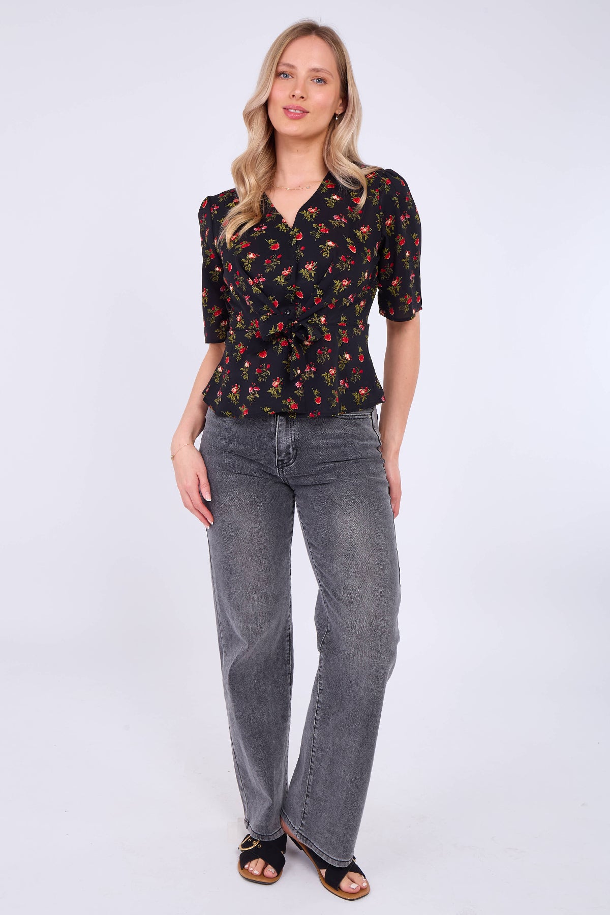Black Floral Print Short Sleeve Knotted Top