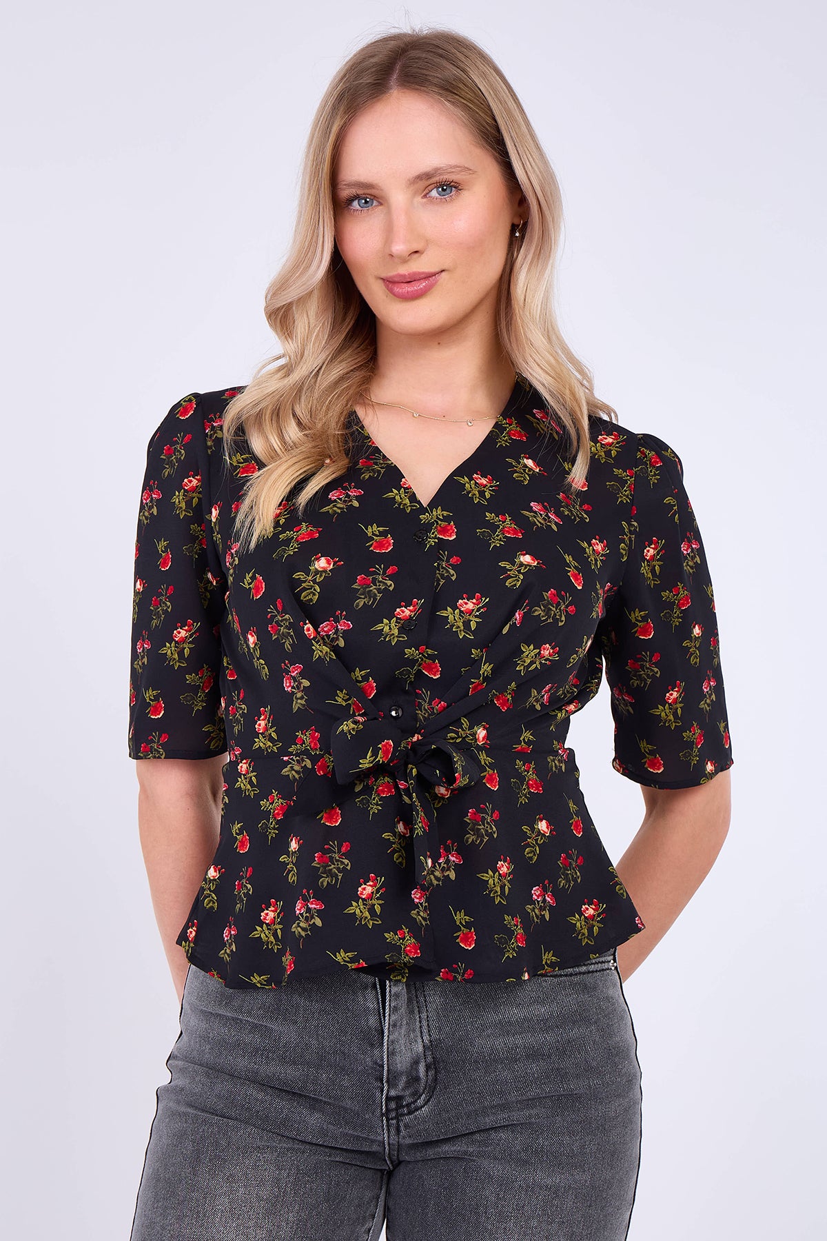 Black Floral Print Short Sleeve Knotted Top