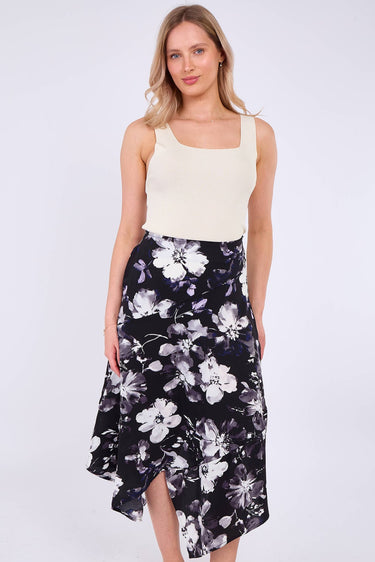 Black Floral Printed Asymmetric Hem Skirt