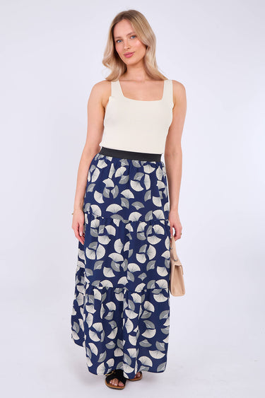 Navy Ginkgo Print Tiered Maxi Skirt