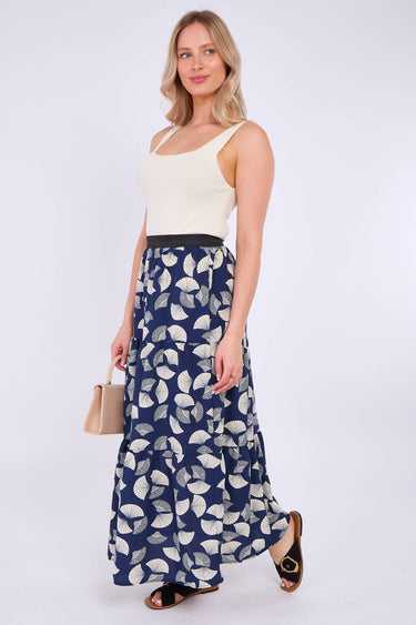 Navy Ginkgo Print Tiered Maxi Skirt
