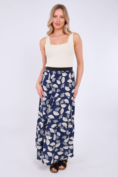 Navy Ginkgo Print Tiered Maxi Skirt