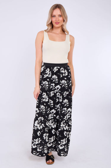 Mono Floral Print Tiered Maxi Skirt