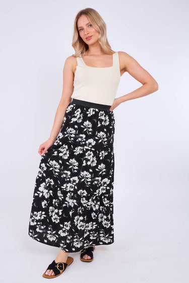 Mono Floral Print Tiered Maxi Skirt