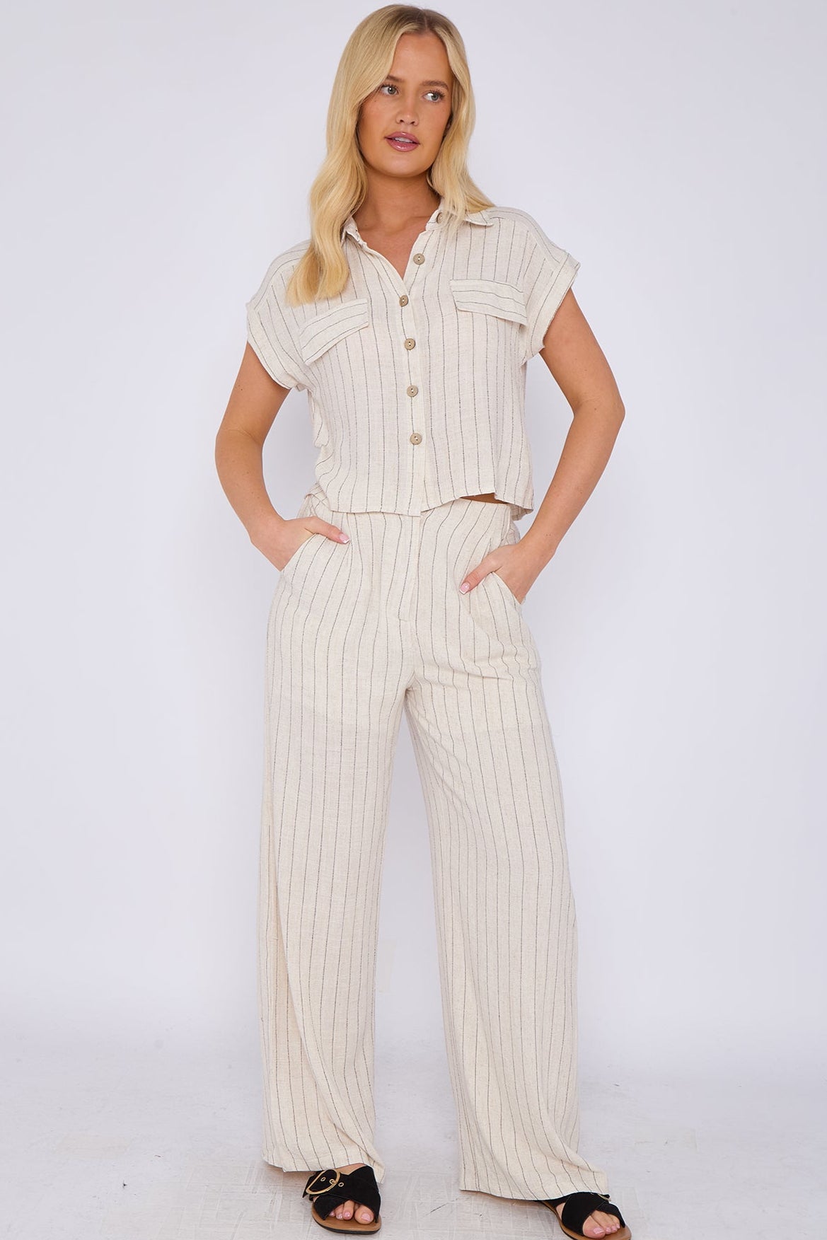 Stone Striped Cotton Linen Shirt and Trousers set