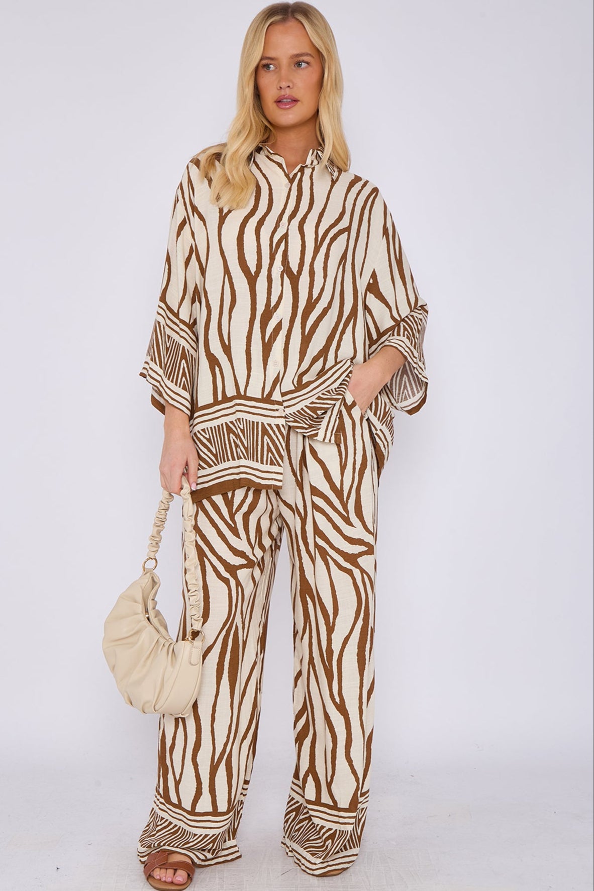 Brown Zebra Print Co-ord Shirt and Trousers Set