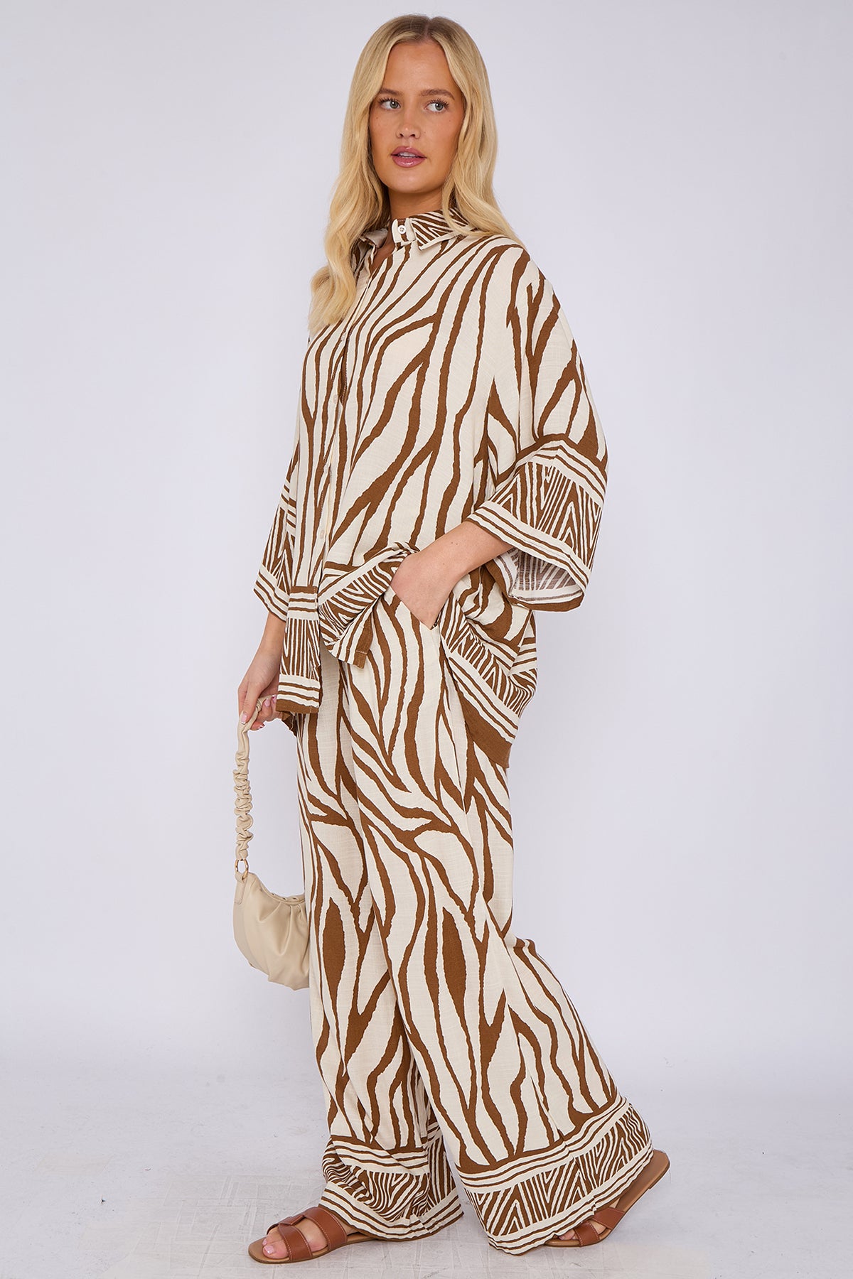 Brown Zebra Print Co-ord Shirt and Trousers Set