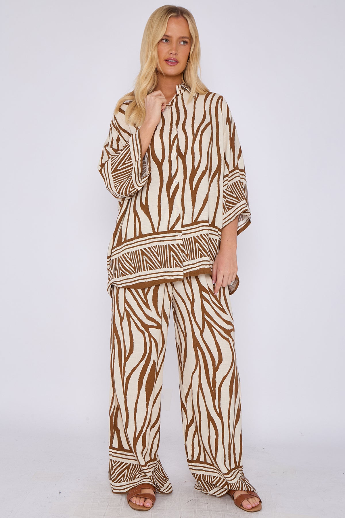 Brown Zebra Print Co-ord Shirt and Trousers Set