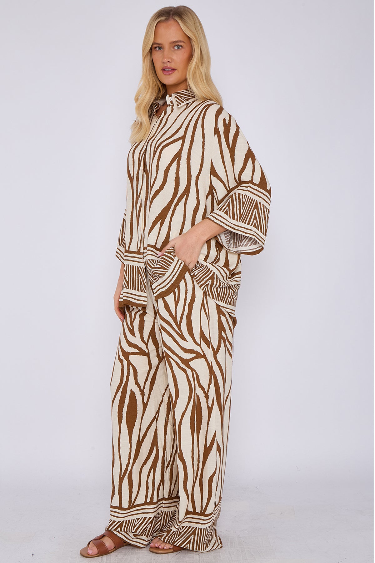Brown Zebra Print Co-ord Shirt and Trousers Set