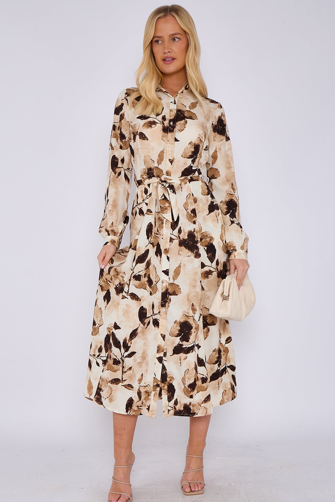 Light Brown Botanical Print Maxi Shirt Dress